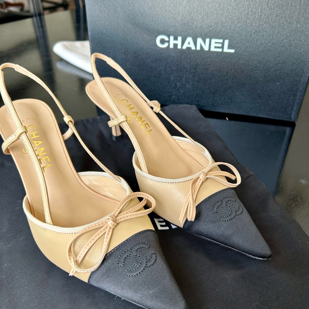 Chanel Beige and Black Slingback Heels